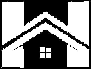 Simple house icon with triangular roof and four-pane window on black background